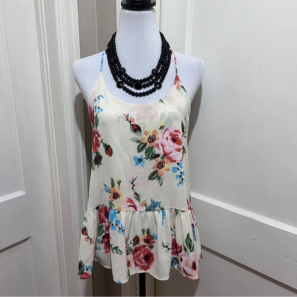 Floral Sleeveless Top - Cream with Red and Green Accents women's Large